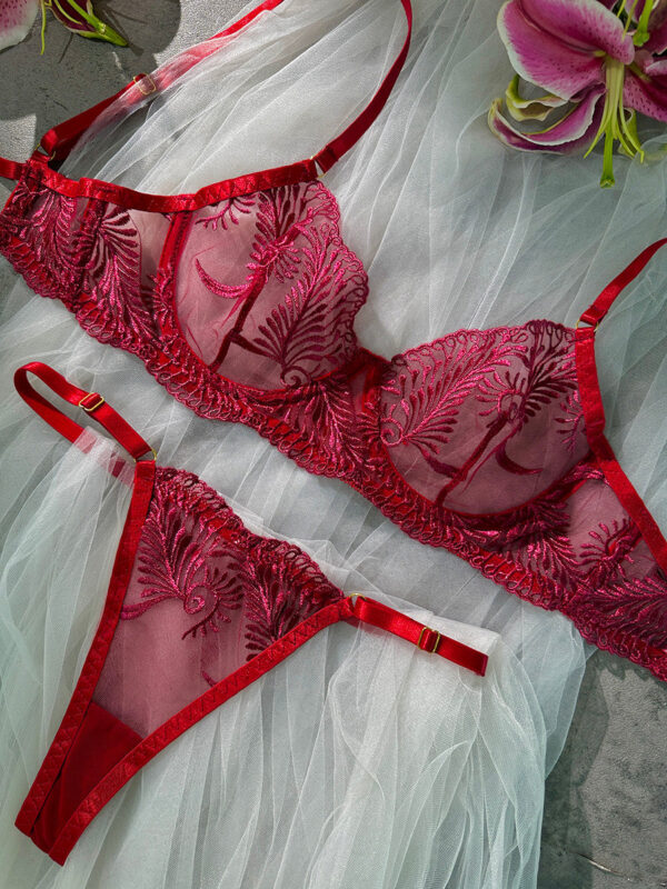 Wine Red Elegant Essence Embroidery Lingerie Set - Image 4