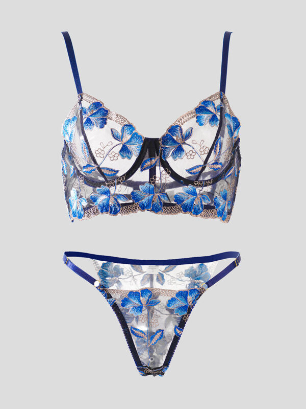 Blue Floral Embroidery Widen Side Lingerie Set - Image 7