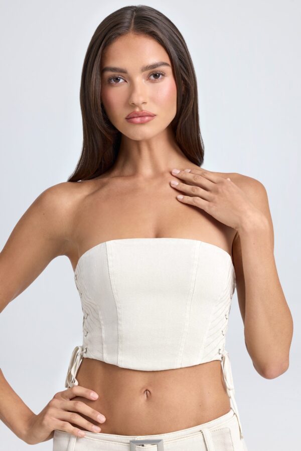 Bandeau Lace-Up Corset Crop Top in Ecru - Image 5