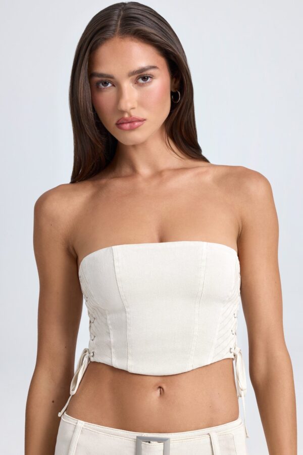 Bandeau Lace-Up Corset Crop Top in Ecru - Image 4