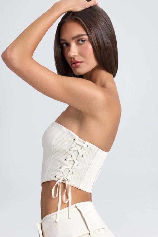 Bandeau Lace-Up Corset Crop Top in Ecru - Image 3