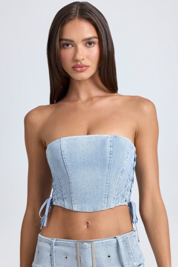 Bandeau Lace-Up Corset Crop Top in Light Blue Stonewash - Image 5