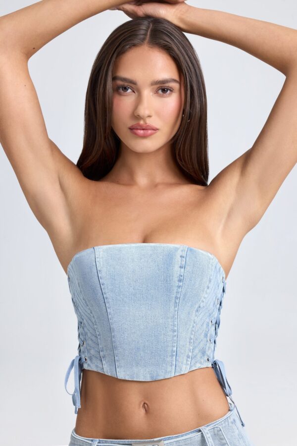 Bandeau Lace-Up Corset Crop Top in Light Blue Stonewash - Image 4
