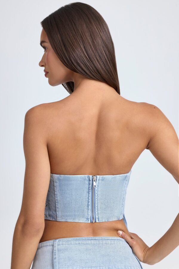 Bandeau Lace-Up Corset Crop Top in Light Blue Stonewash - Image 2
