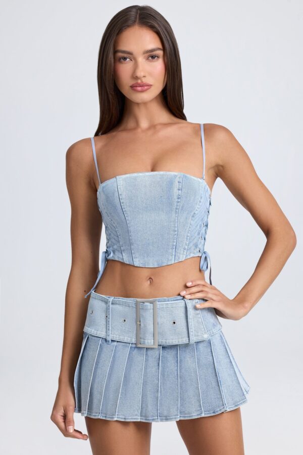 Bandeau Lace-Up Corset Crop Top in Light Blue Stonewash - Image 6