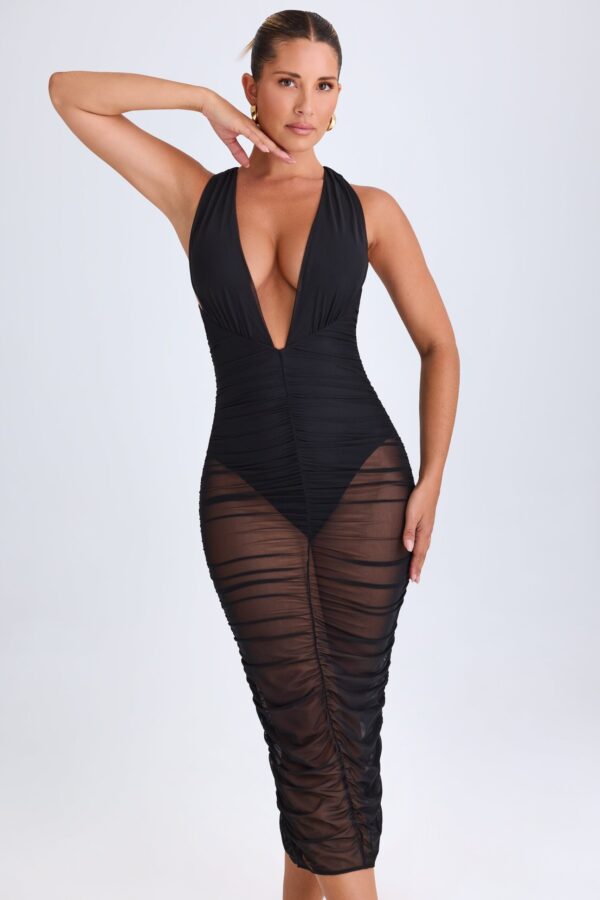 Ruched Plunge Midaxi Dress in Black - Image 8