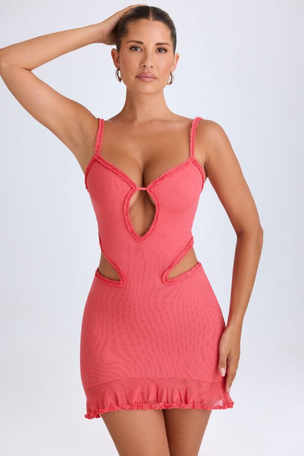 Ruffle-Appliqué Cut-Out Mini Dress in Coral - Image 5