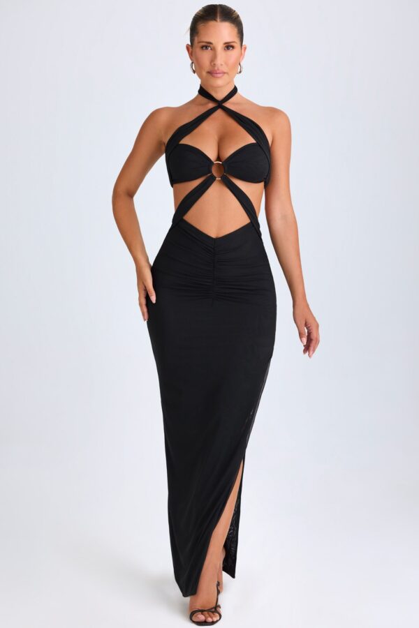 Hardware Detail Cut-Out Halterneck Maxi Dress in Black - Image 4