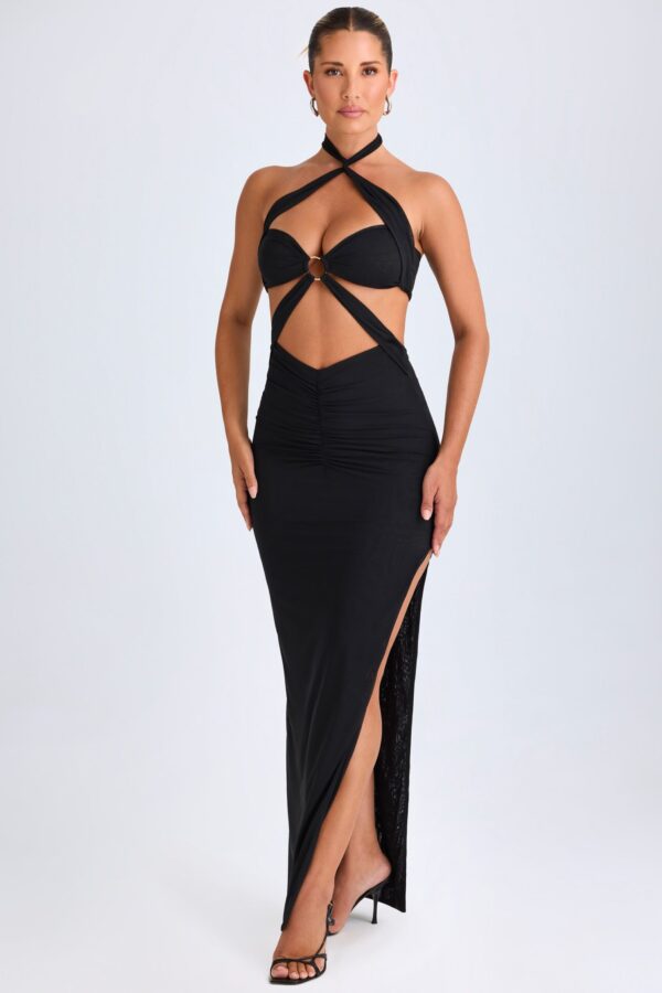 Hardware Detail Cut-Out Halterneck Maxi Dress in Black - Image 5