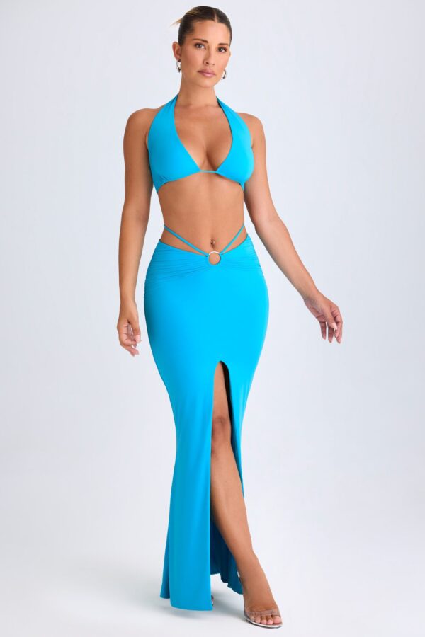 Plunge Hardware-Detail Halterneck Crop Top in Aqua Blue - Image 6