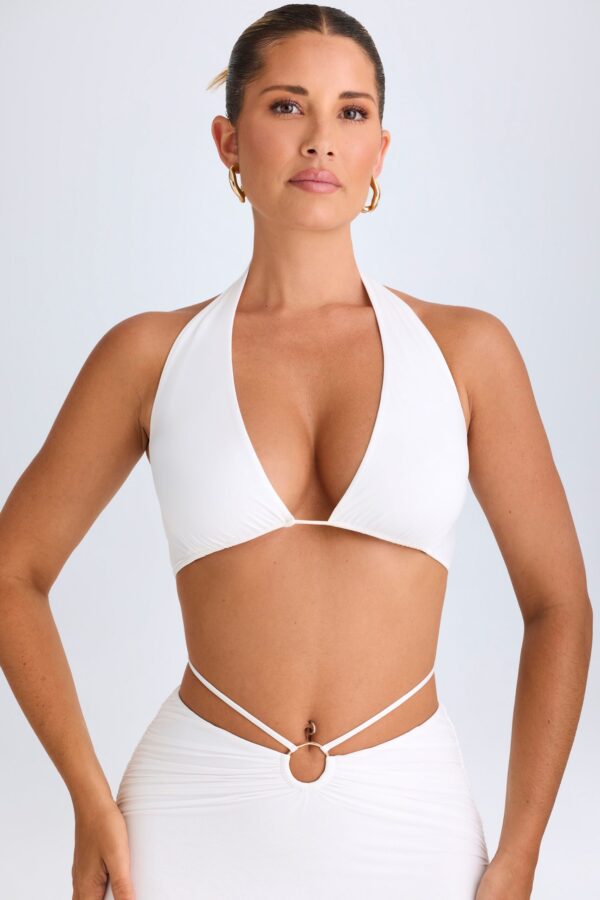 Plunge Hardware-Detail Halterneck Crop Top in White - Image 6