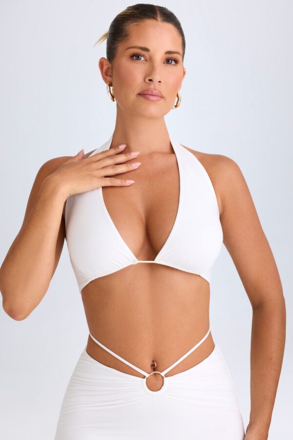 Plunge Hardware-Detail Halterneck Crop Top in White - Image 4