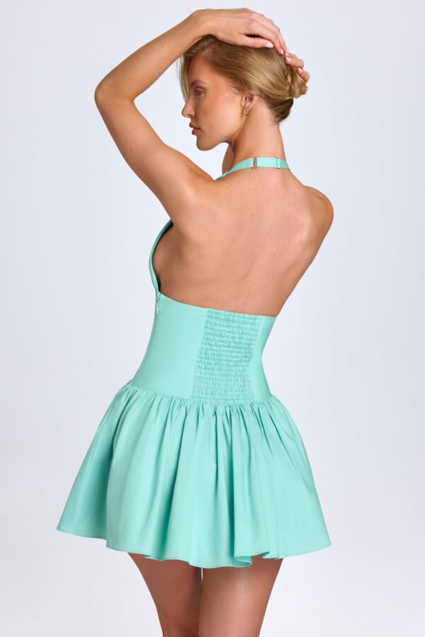 Pintucked Halterneck Mini Dress in Sea Green - Image 2