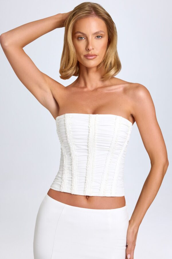 Ruched Lace-Up Corset Top in White - Image 8