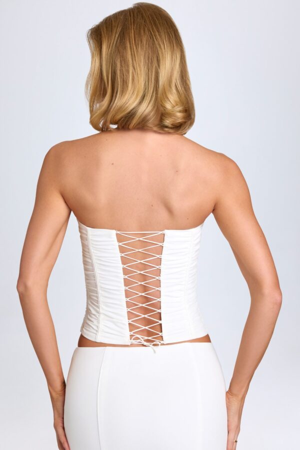 Ruched Lace-Up Corset Top in White - Image 3