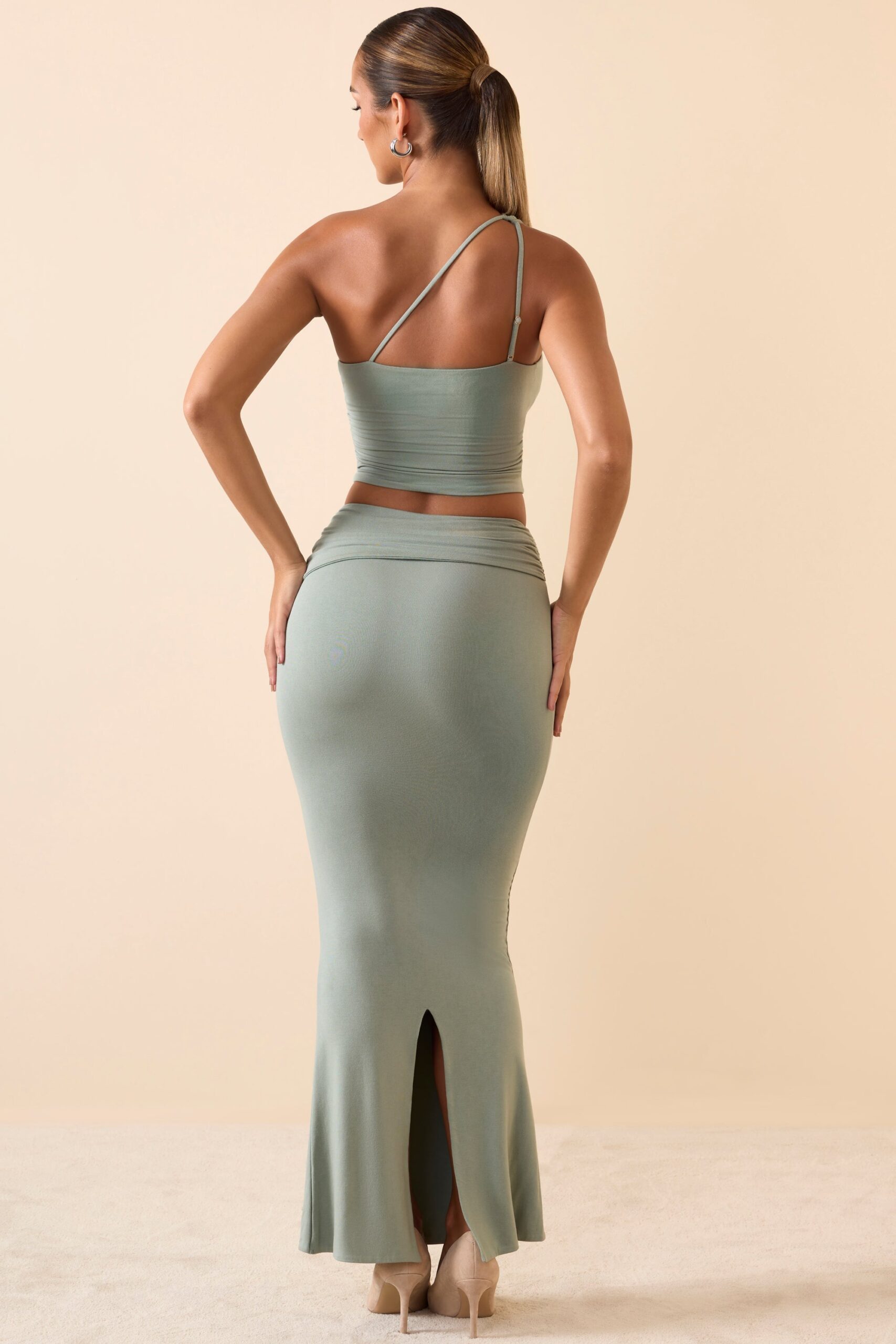 Modal Twist-Front Maxi Skirt in Smoke Green - Image 2