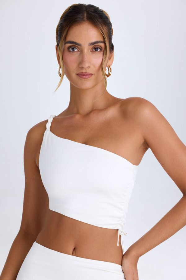 Ruched Asymmetric Crop Top in White - Image 4