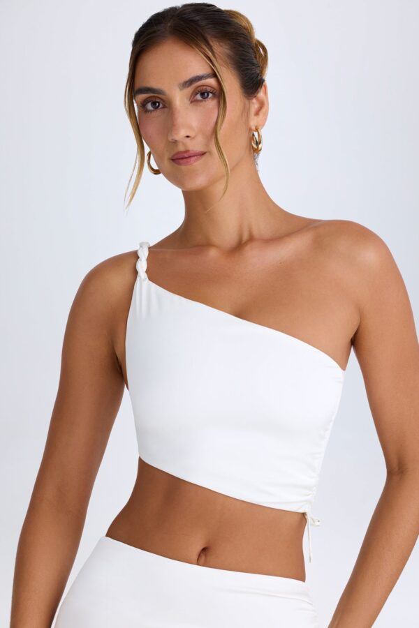 Ruched Asymmetric Crop Top in White - Image 6