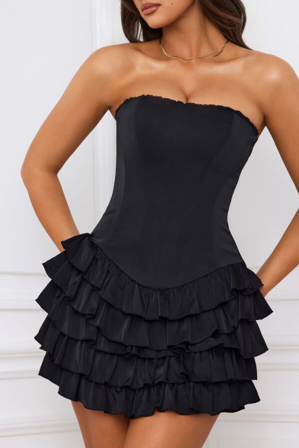 Bandeau Ruffled Tiered Corset Mini Dress in Black - Image 4