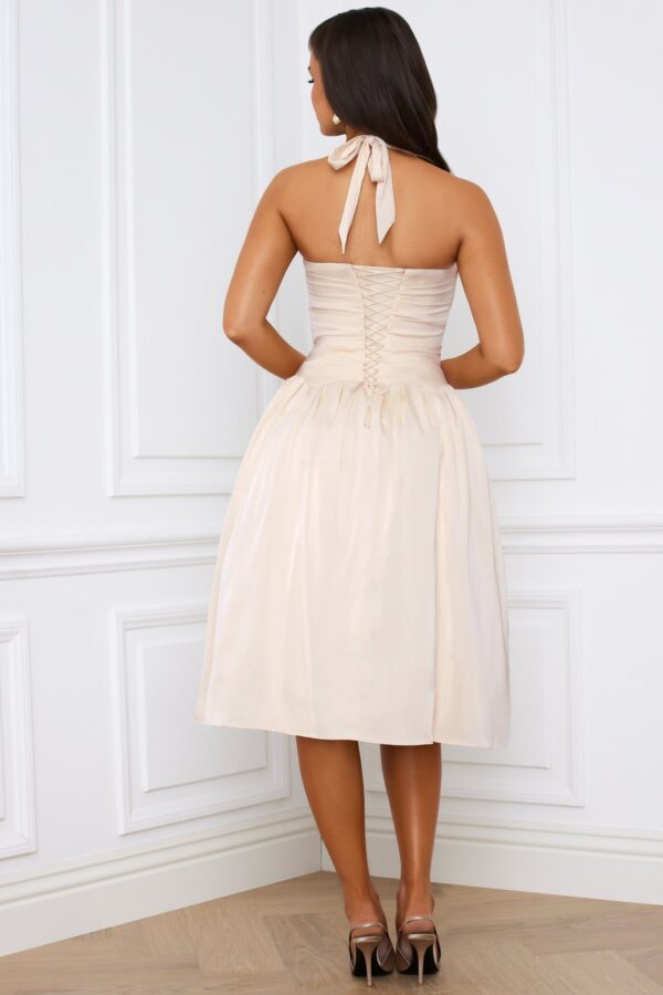 Halterneck Lace-Up Ruched Corset Midi Dress in Ivory - Image 2