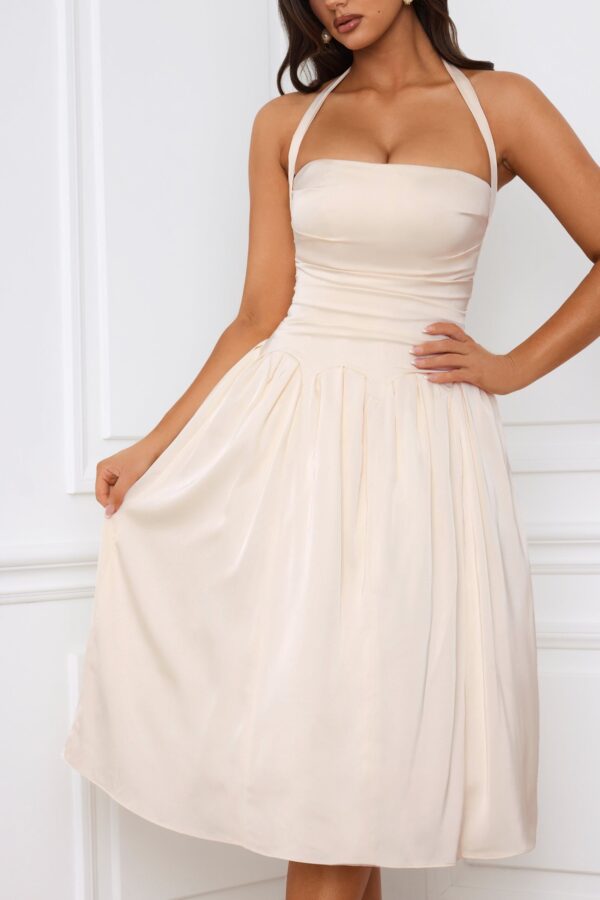 Halterneck Lace-Up Ruched Corset Midi Dress in Ivory - Image 4