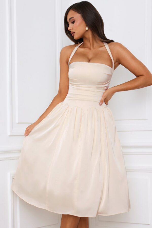 Halterneck Lace-Up Ruched Corset Midi Dress in Ivory - Image 5