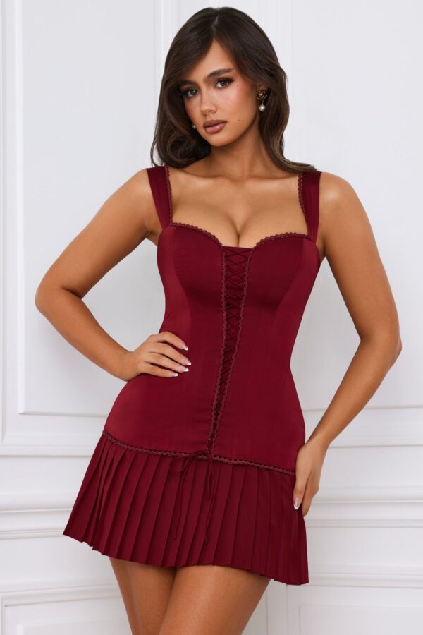 Bow-Detail Lace-Up Corset Mini Dress in Berry Red - Image 7