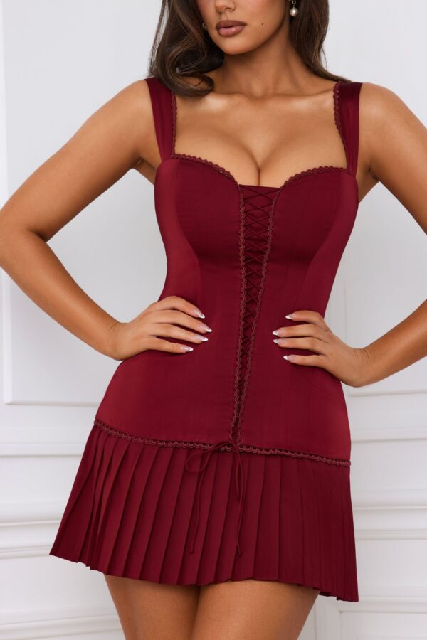Bow-Detail Lace-Up Corset Mini Dress in Berry Red - Image 4