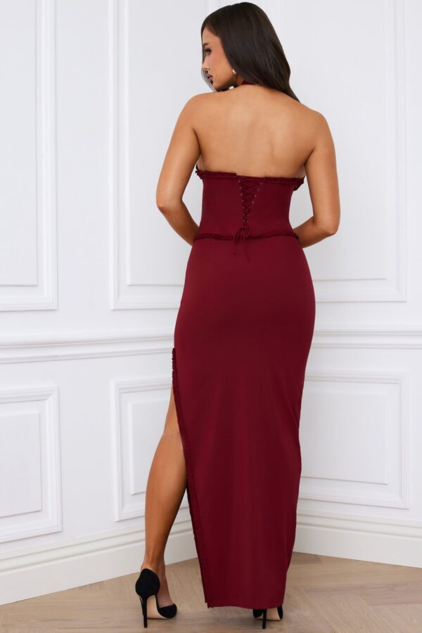 Halterneck Lace-Up Corset Maxi Dress in Berry Red - Image 2