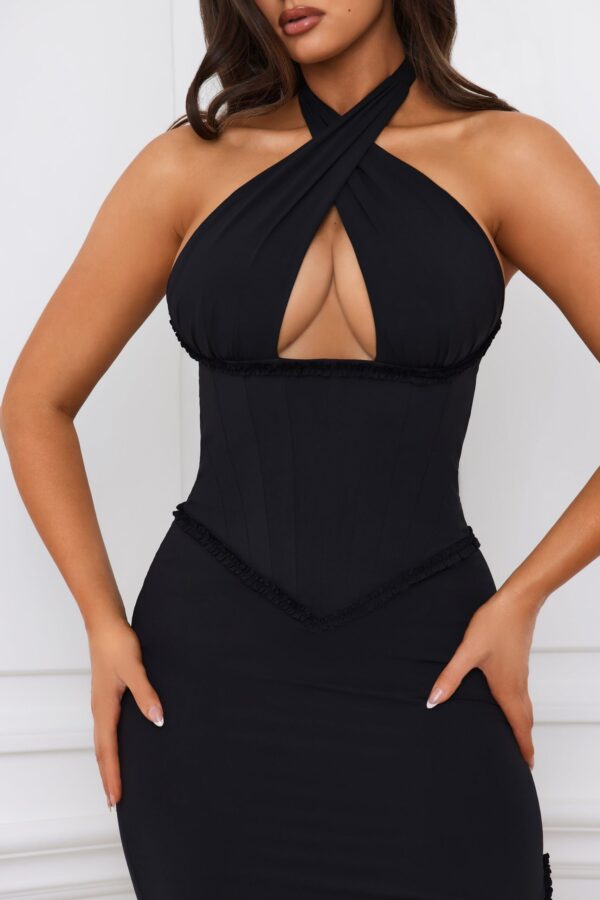 Halterneck Lace-Up Corset Maxi Dress in Black - Image 5