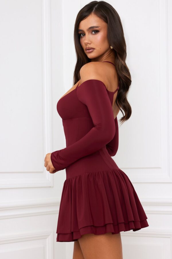 Off-Shoulder Tiered Corset Mini Dress in Berry Red - Image 3