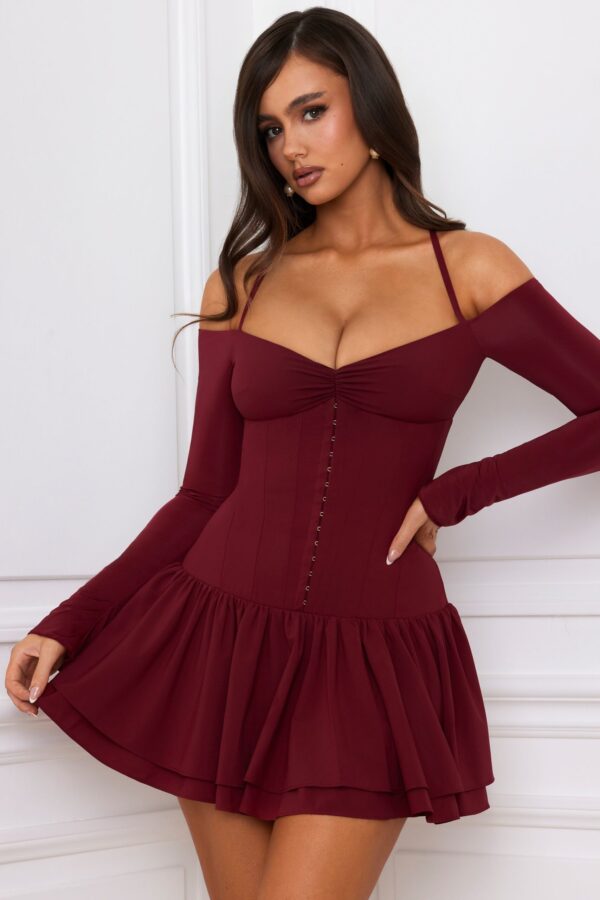 Off-Shoulder Tiered Corset Mini Dress in Berry Red - Image 6