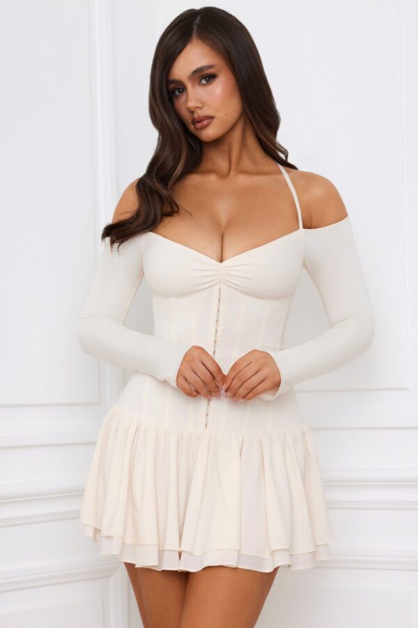 Off-Shoulder Tiered Corset Mini Dress in Ivory - Image 10
