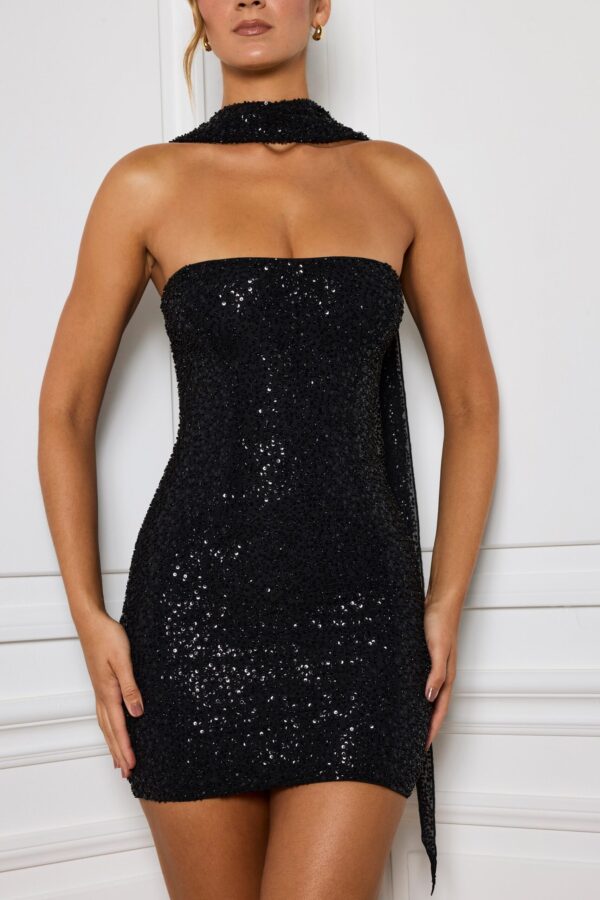 Embellished Scarf-Detail Mini Dress in Black - Image 4