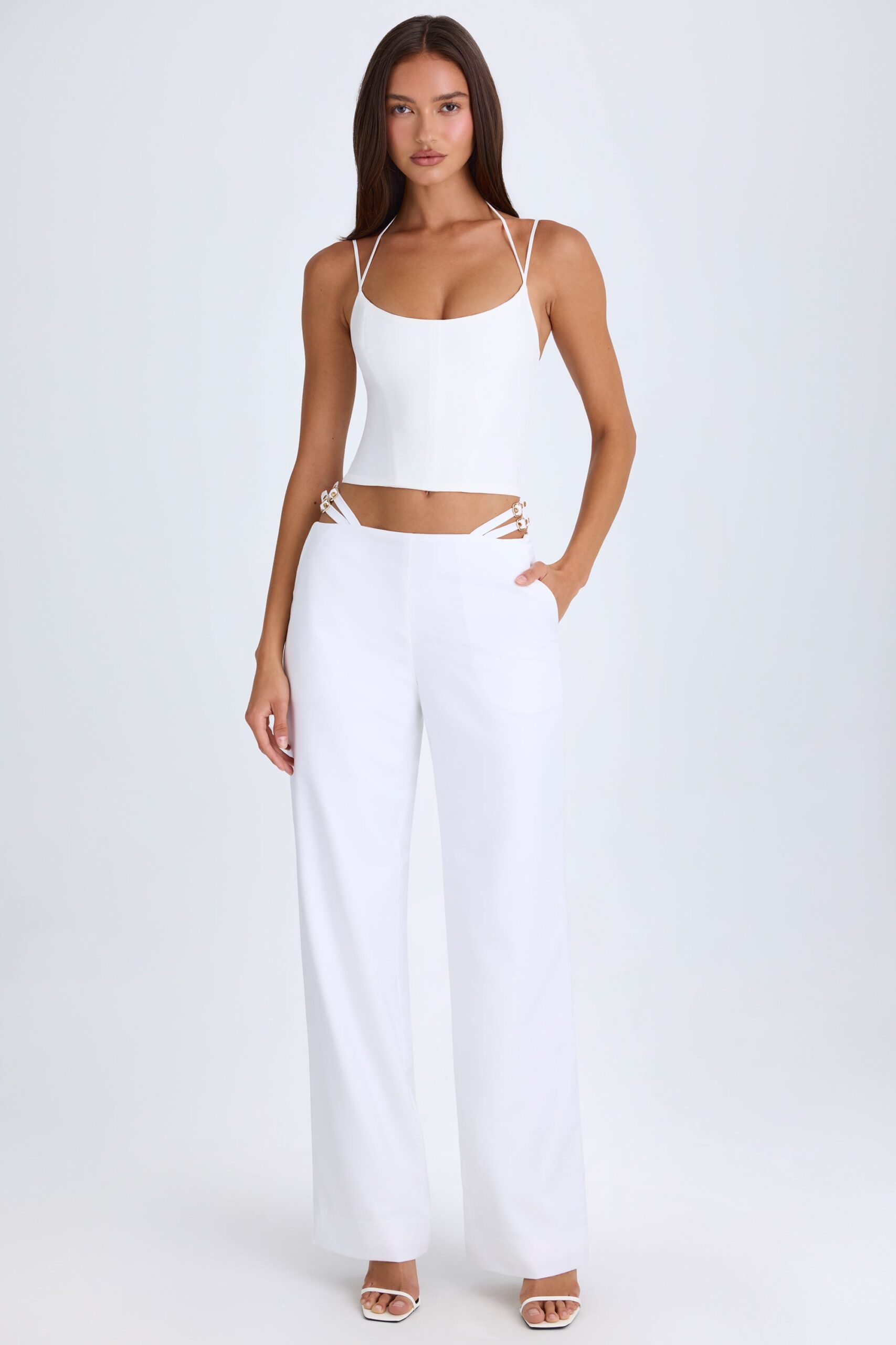 Petite Belted Cut-Out Wide-Leg Trousers in White - Image 8