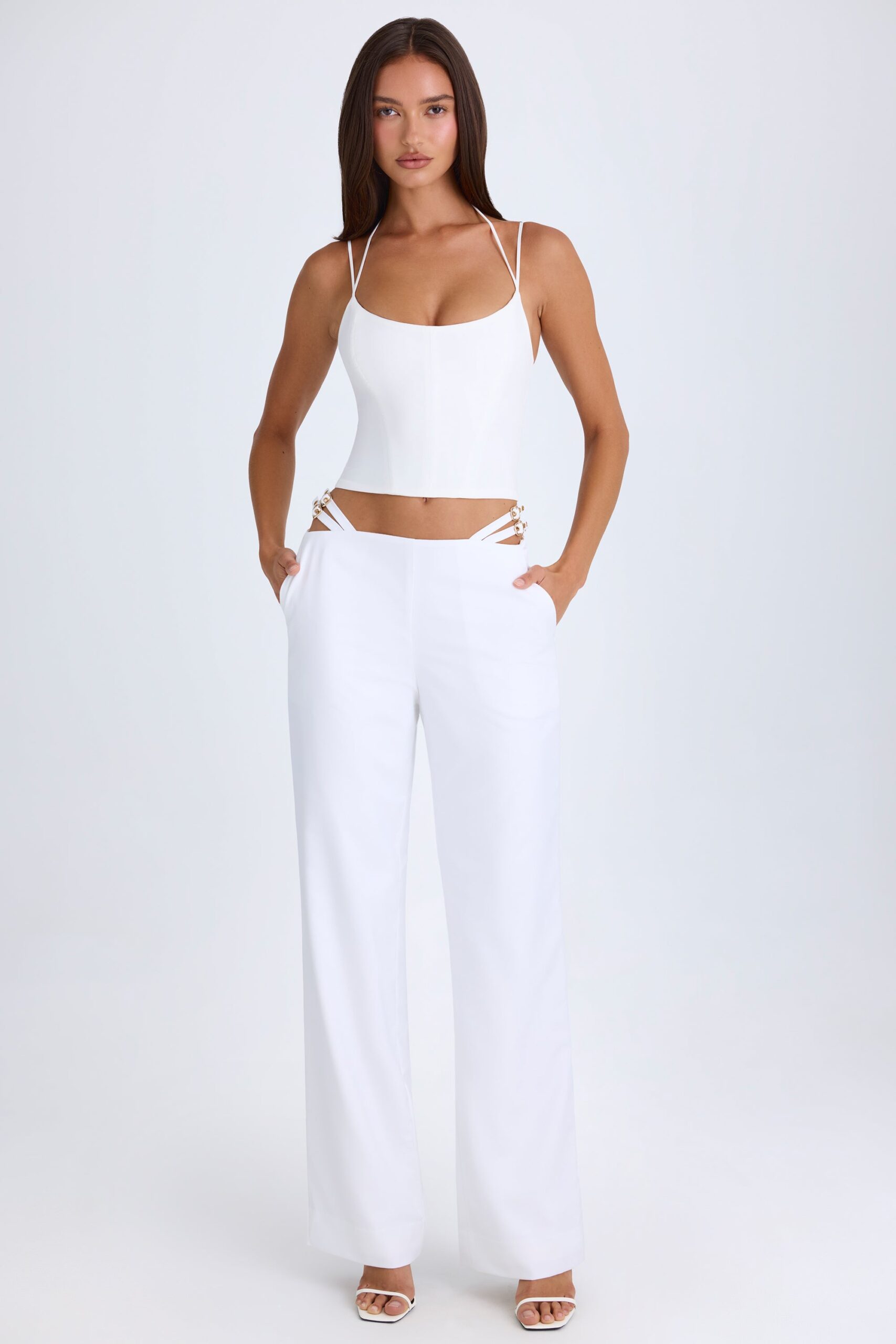 Petite Belted Cut-Out Wide-Leg Trousers in White - Image 5