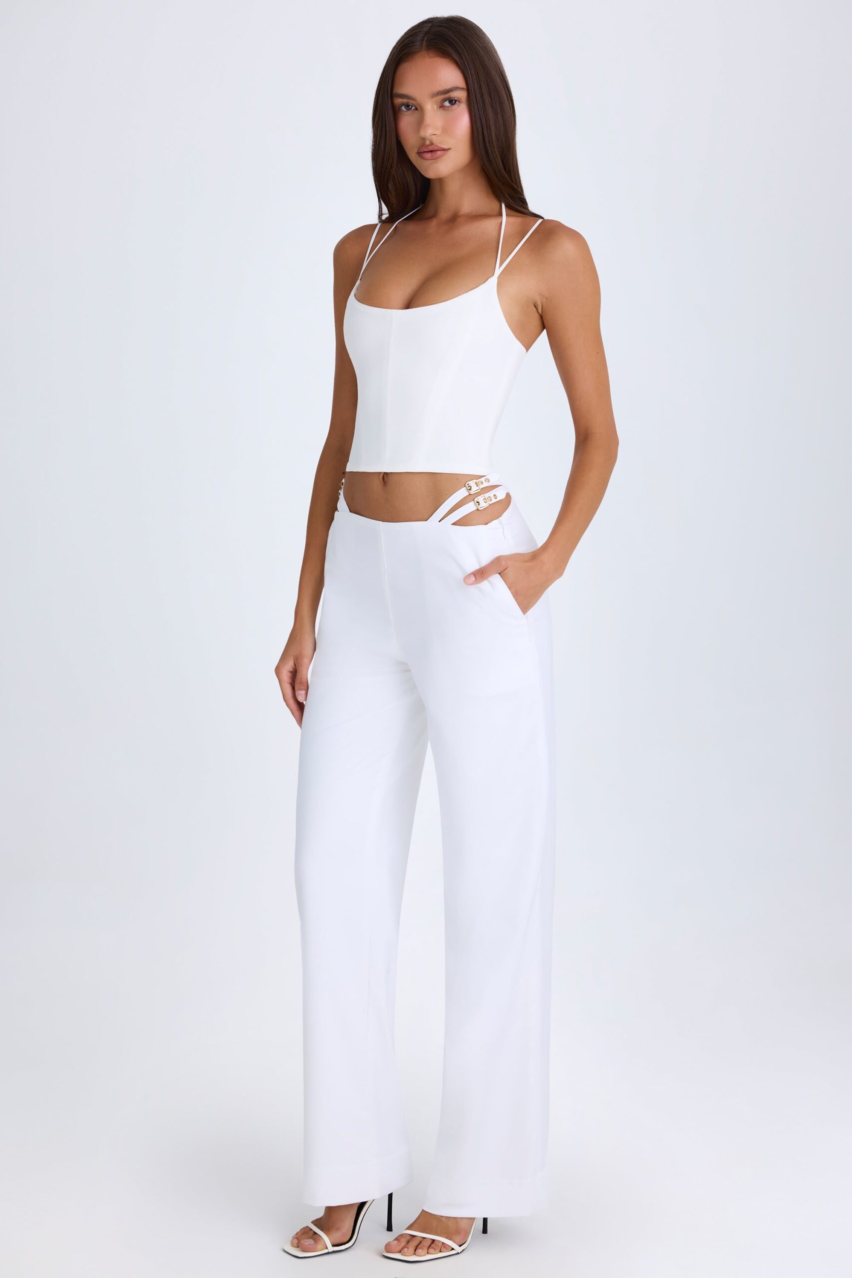 Petite Belted Cut-Out Wide-Leg Trousers in White - Image 7