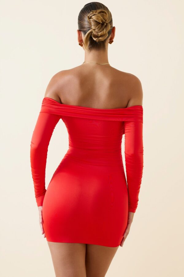 Off-Shoulder Ruched Bodycon Mini Dress in Scarlet - Image 2