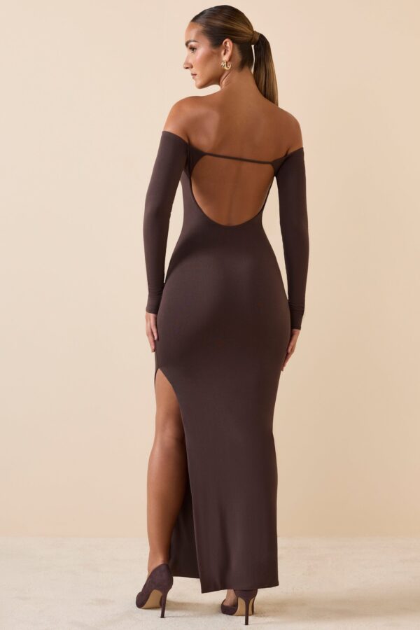 Modal Off-Shoulder Open-Back Maxi Dress in Chocolate Brown - Image 2