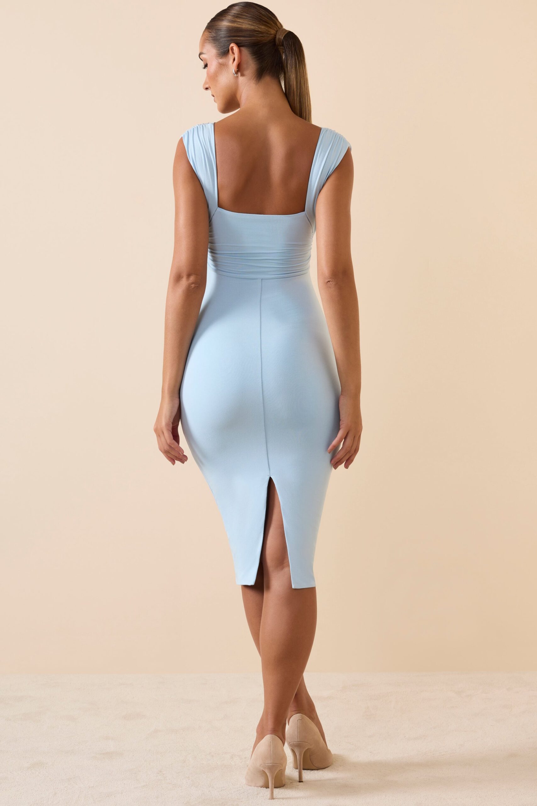 Modal Ruched Plunge Midi Dress in Ice Blue - Image 2