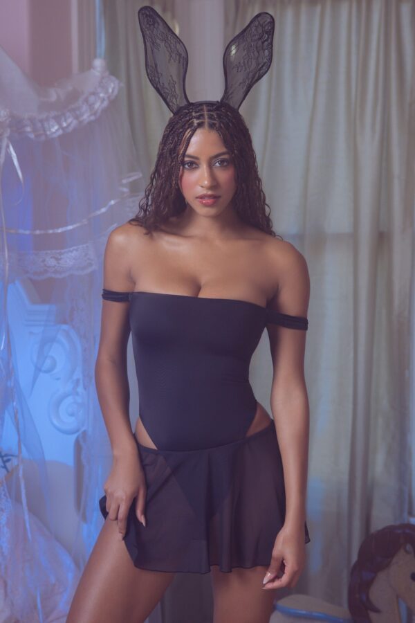 Off-Shoulder Layered Mini Dress in Black - Image 7