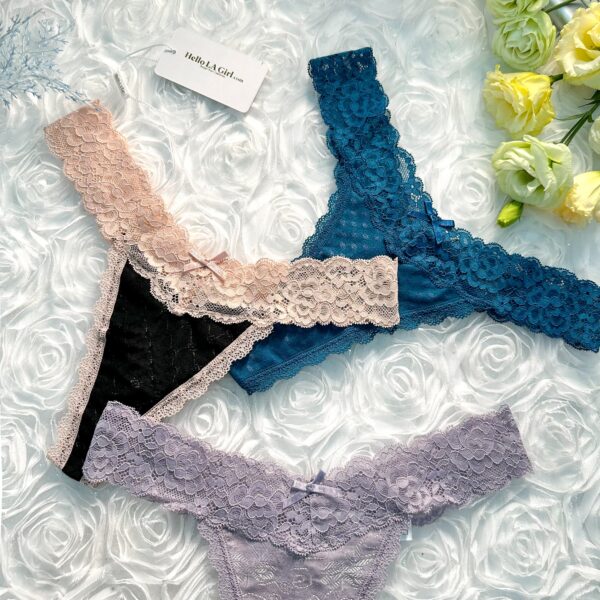 Solid Color 3 Pack T Back Lace Low Waist Cotton Seamless Thongs - Image 8