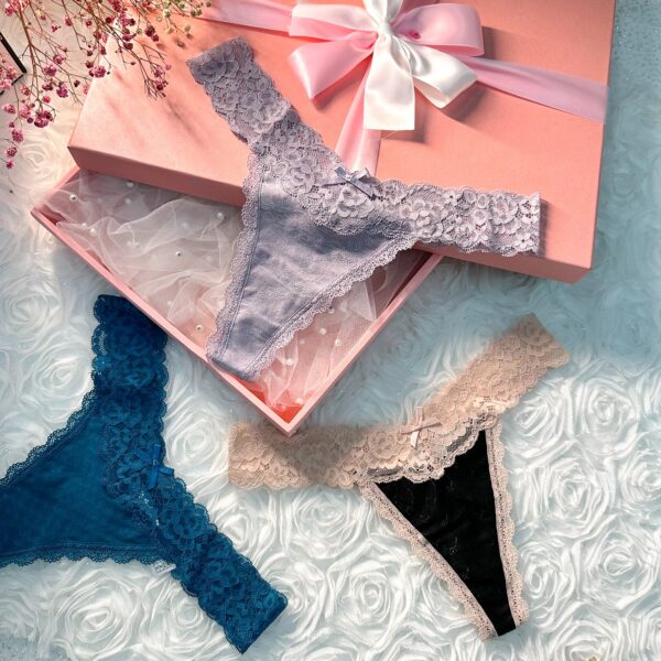 Solid Color 3 Pack T Back Lace Low Waist Cotton Seamless Thongs - Image 3
