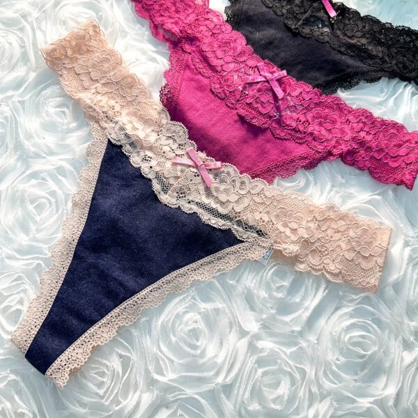 Solid Color T Back Lace Low Waist Cotton Seamless 3 Pack Thongs - Image 2