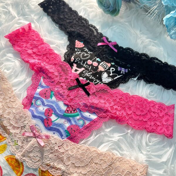 Fruit Print T Back Lace Low Waist Cotton Seamless 3 Pack Thongs - Image 2