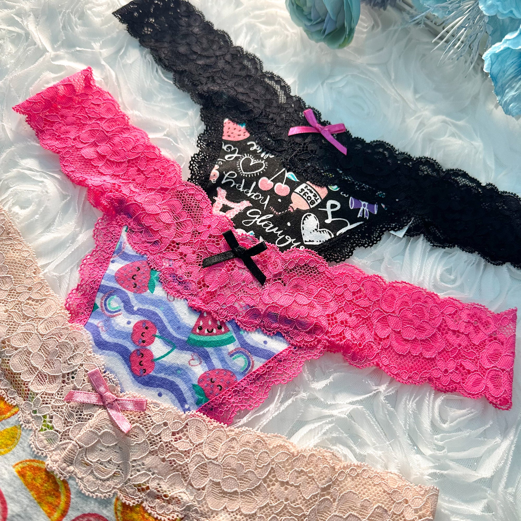 Fruit Print T Back Lace Low Waist Cotton Seamless 3 Pack Thongs - Image 2