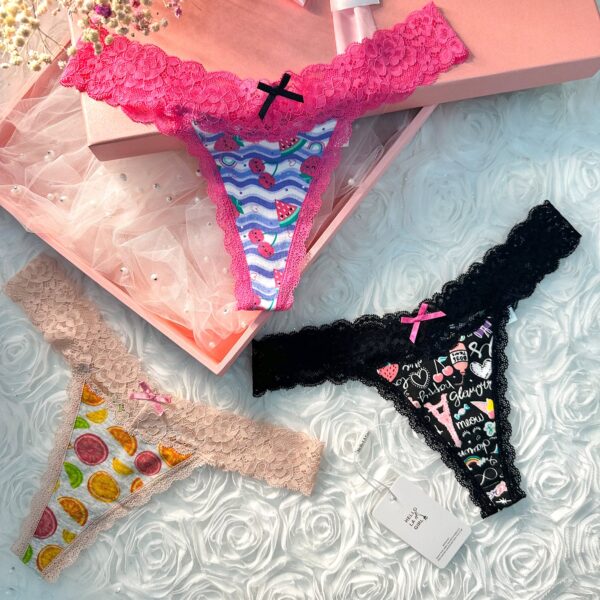 Fruit Print T Back Lace Low Waist Cotton Seamless 3 Pack Thongs - Image 3