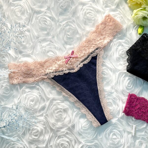Solid Color T Back Lace Low Waist Cotton Seamless 3 Pack Thongs - Image 4