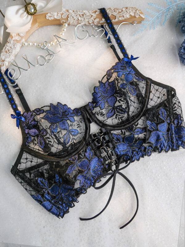 Black&Blue Floral Embroidery Ribbon Lingerie Set - Image 7