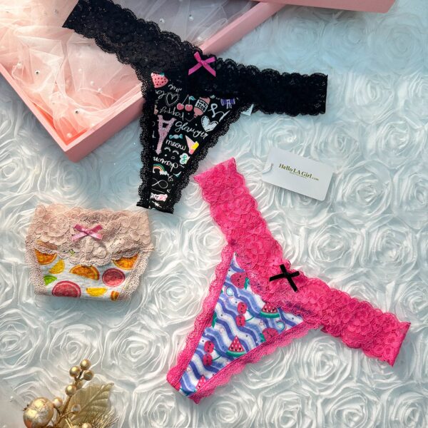 Fruit Print T Back Lace Low Waist Cotton Seamless 3 Pack Thongs - Image 5